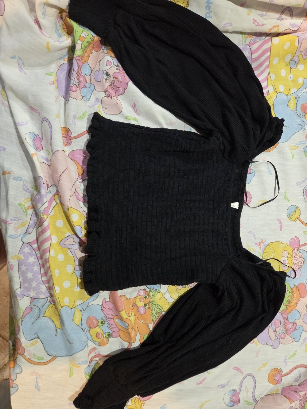 Anthropologie Black Ribbed Puff-Sleeve Crop Top Small